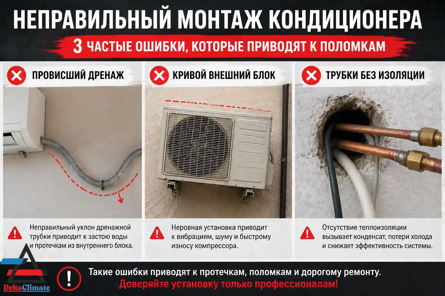 неправильный монтаж кондиционера ошибки дренаж внешний блок трубки без изоляции