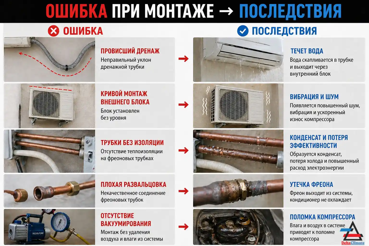 ошибки монтажа кондиционера последствия утечка фреона вибрация шум поломка компрессора
