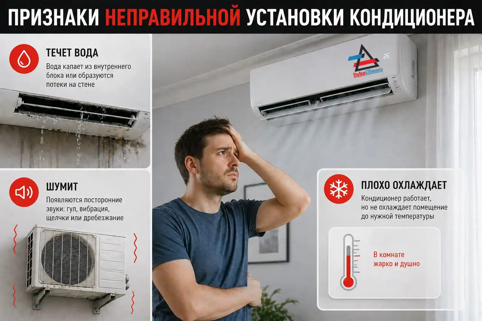 признаки неправильной установки кондиционера течет вода шумит плохо охлаждает