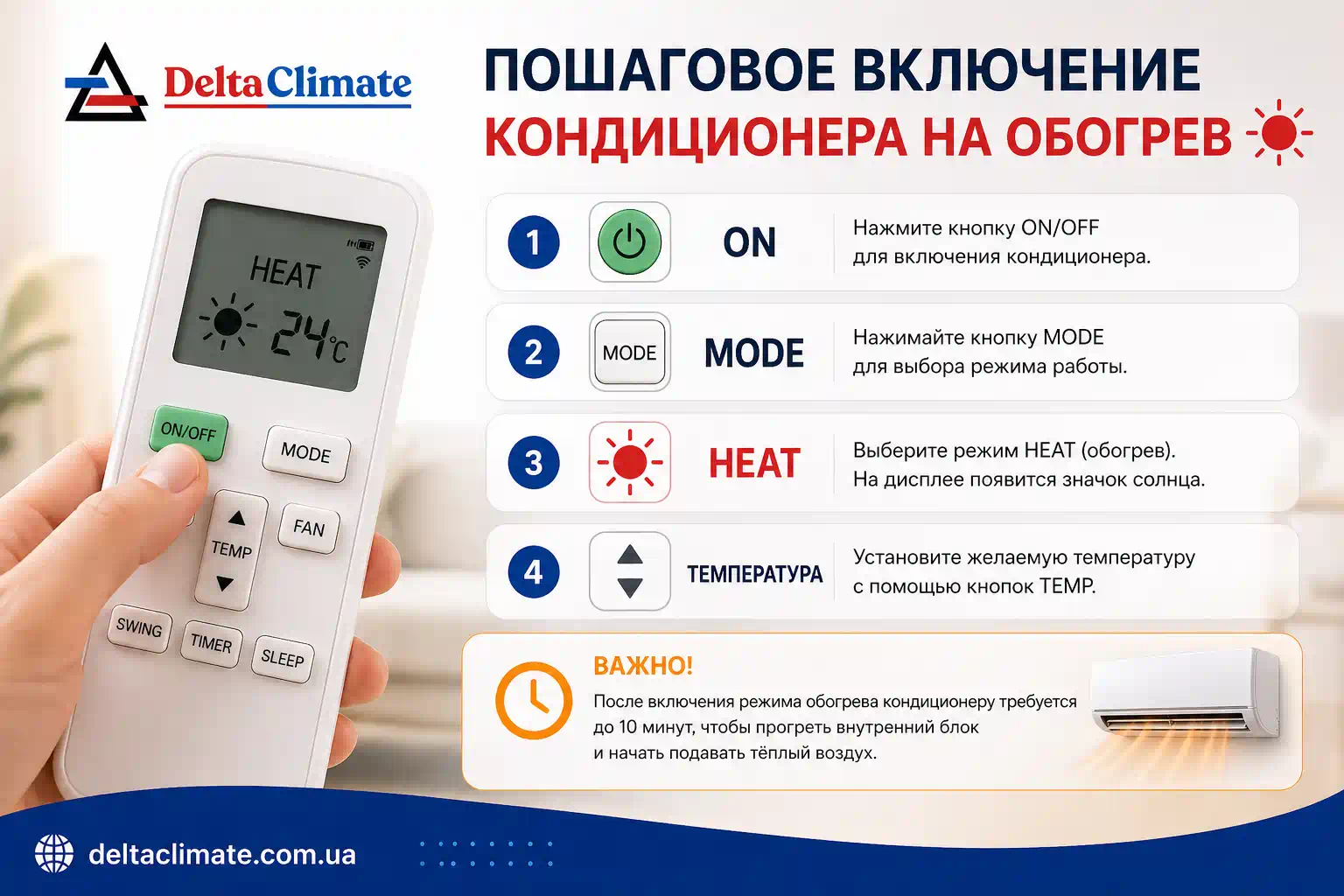 Включить кондиционер на тепло пошаговая инструкция
