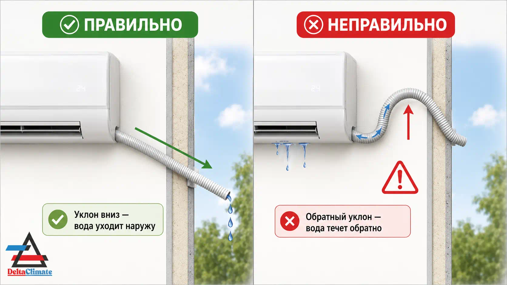 Правильный и неправильный уклон дренажа кондиционера